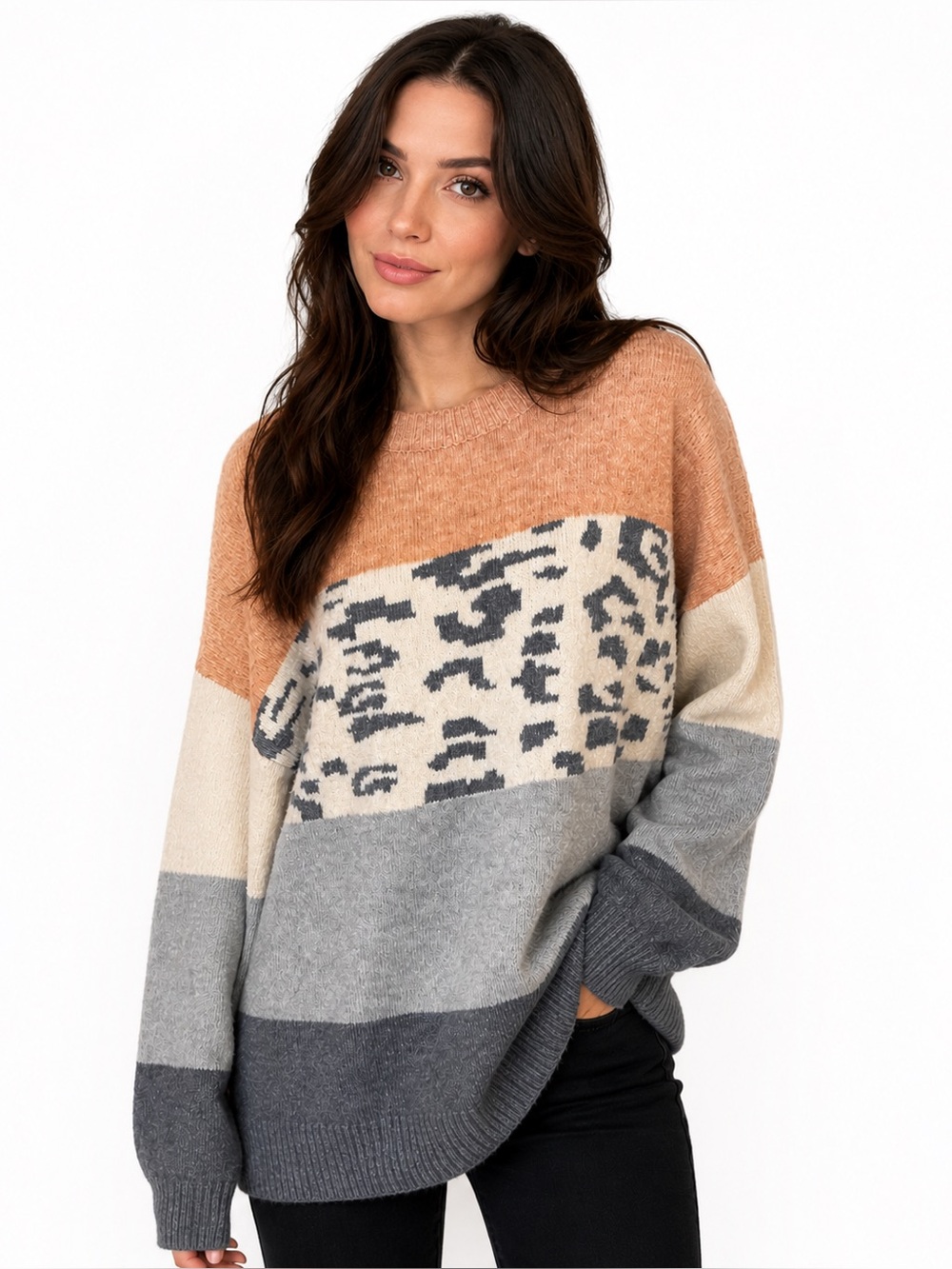 Easel Los Angeles 2X Colorblock Leopard Sweater Oversized Cozy Plus Size